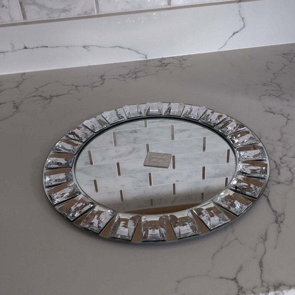 one 13" Round Mirror glass Charger Plate CrystalRim Wedding Jewelry Serving Tray
